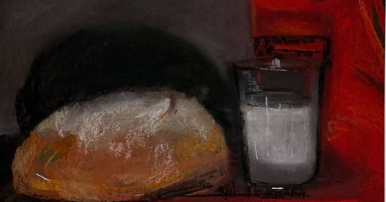 Bread on Red, 2025. Oil on board, framed.