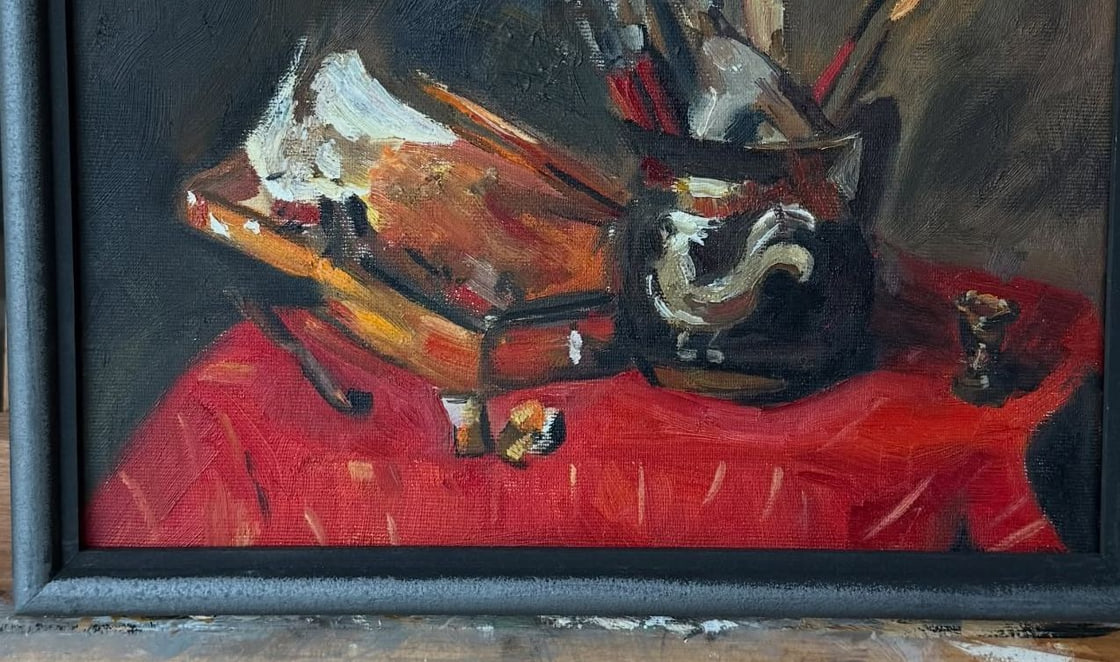 Palette and Brushes, 2023. Oil on canvas, framed.