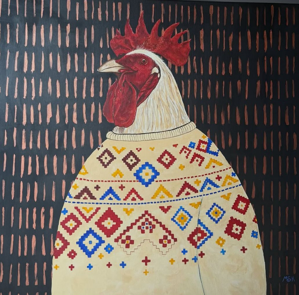 Rooster in an Embroidered Shirt, 2025. Acrylic on canvas.
