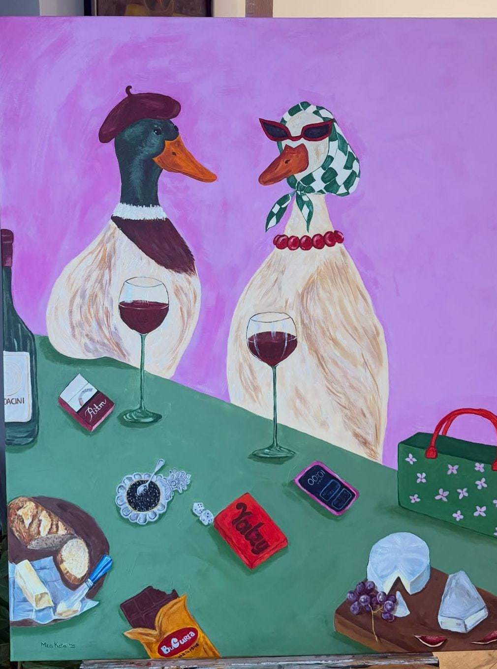 Two Ducks at Dinner, 2025. Acrylic on canvas.